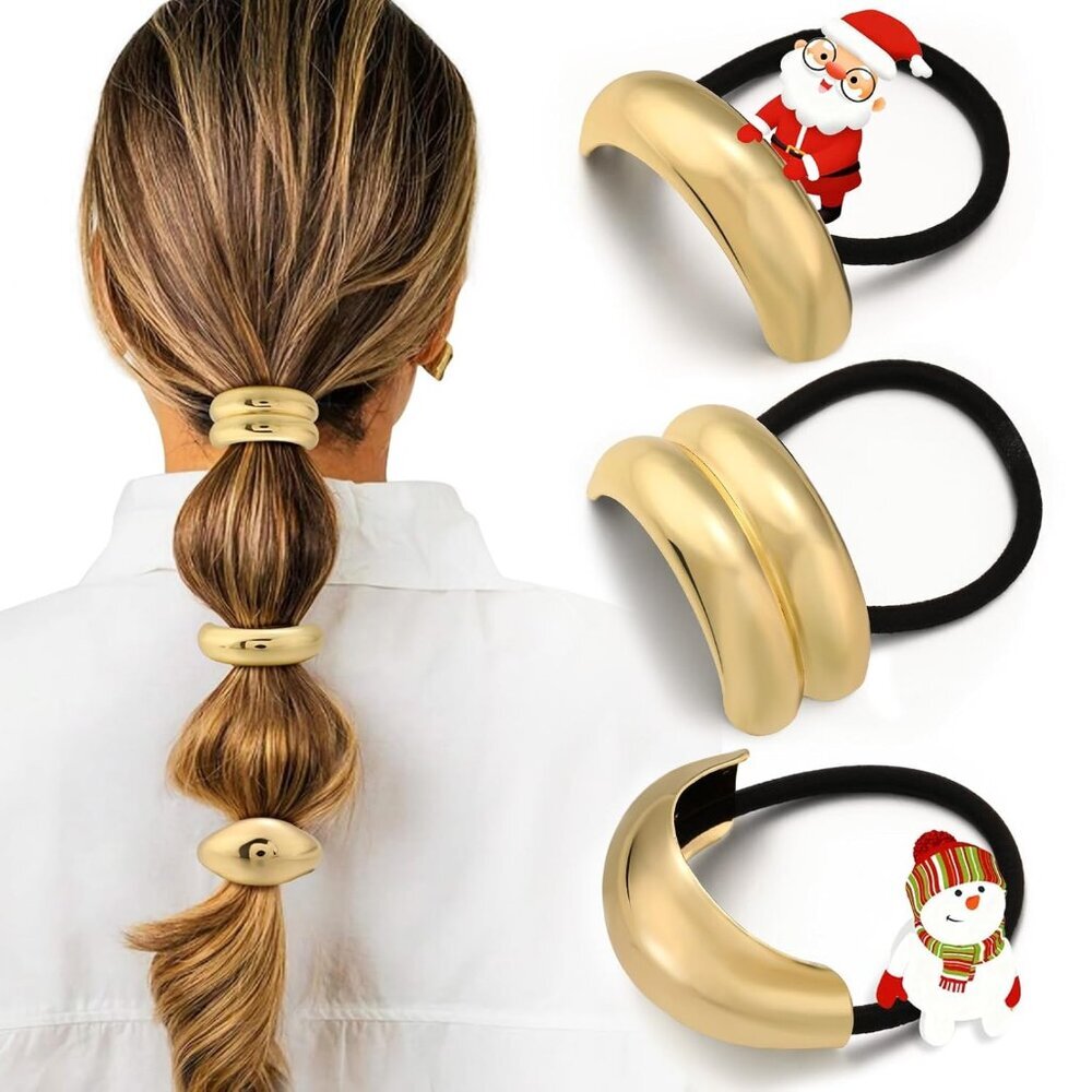 3PCS Gold Hair Ties for Thick Hair Elegant Geometric Design Non-Damage Ponytail